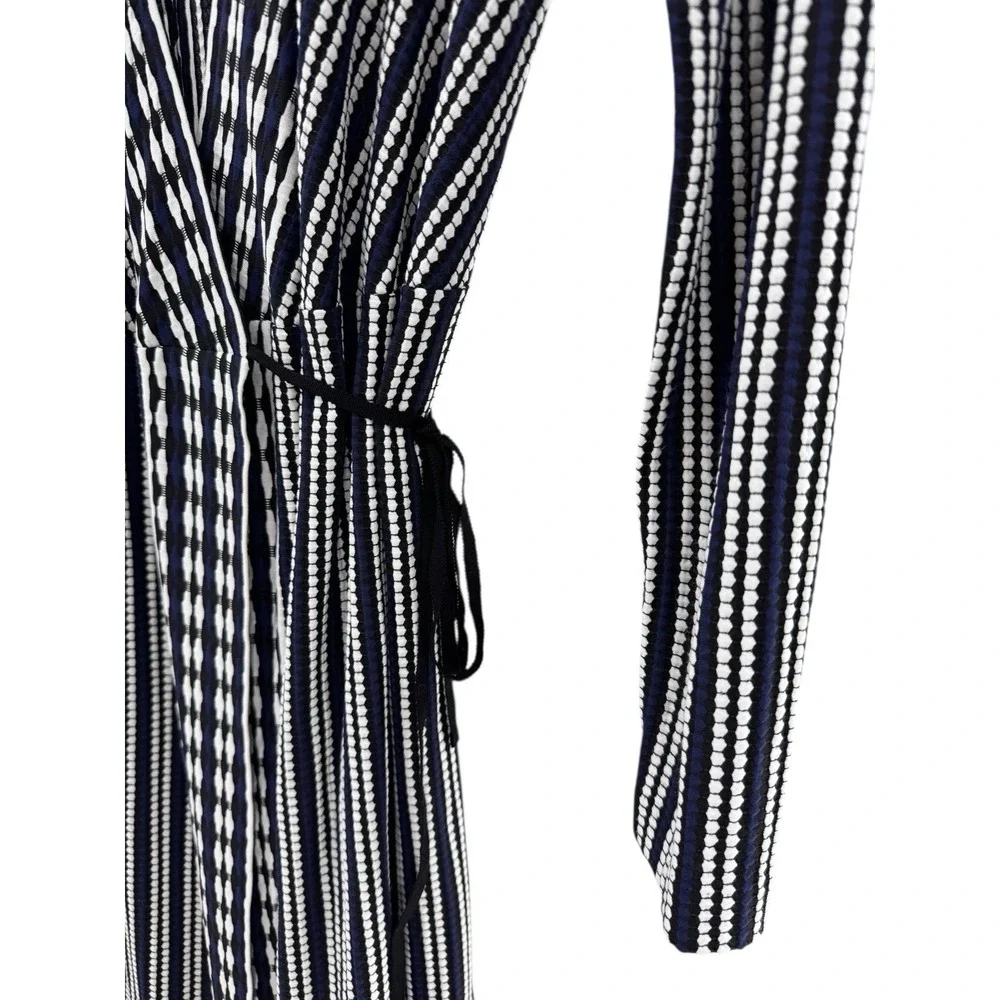 Tory Burch Dress Navy Oxford Stripe Jacquard Wrap Classic Workwear Luxury Size M
